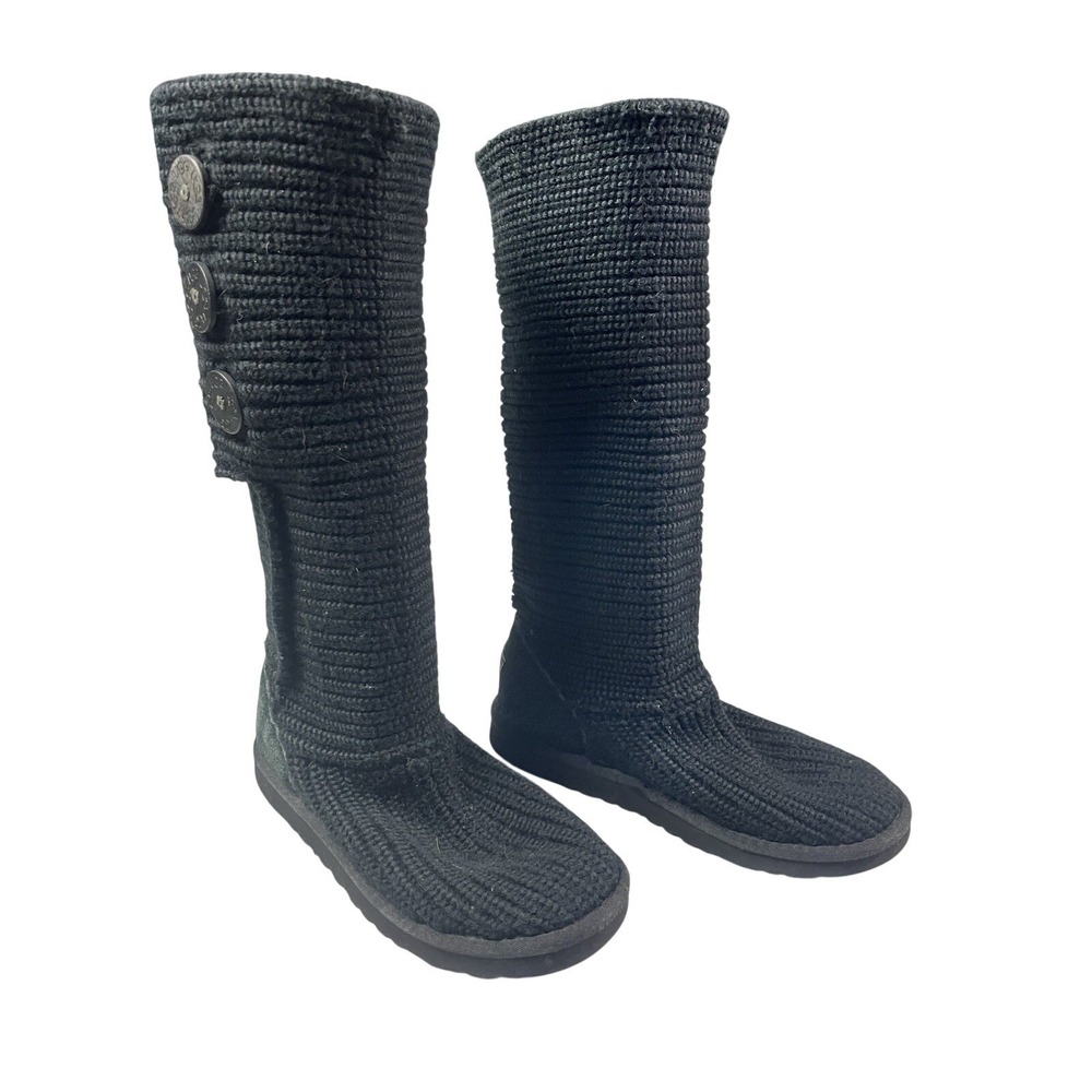 UGG Australia Classic Cardy Cable Knit Foldover Warm Cozy Boots Black Size 7